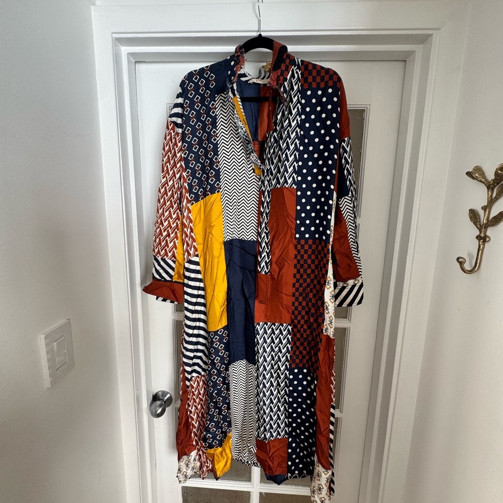 Tory Burch Patchwork Print Long Sleeve Belted Shi… - image 1